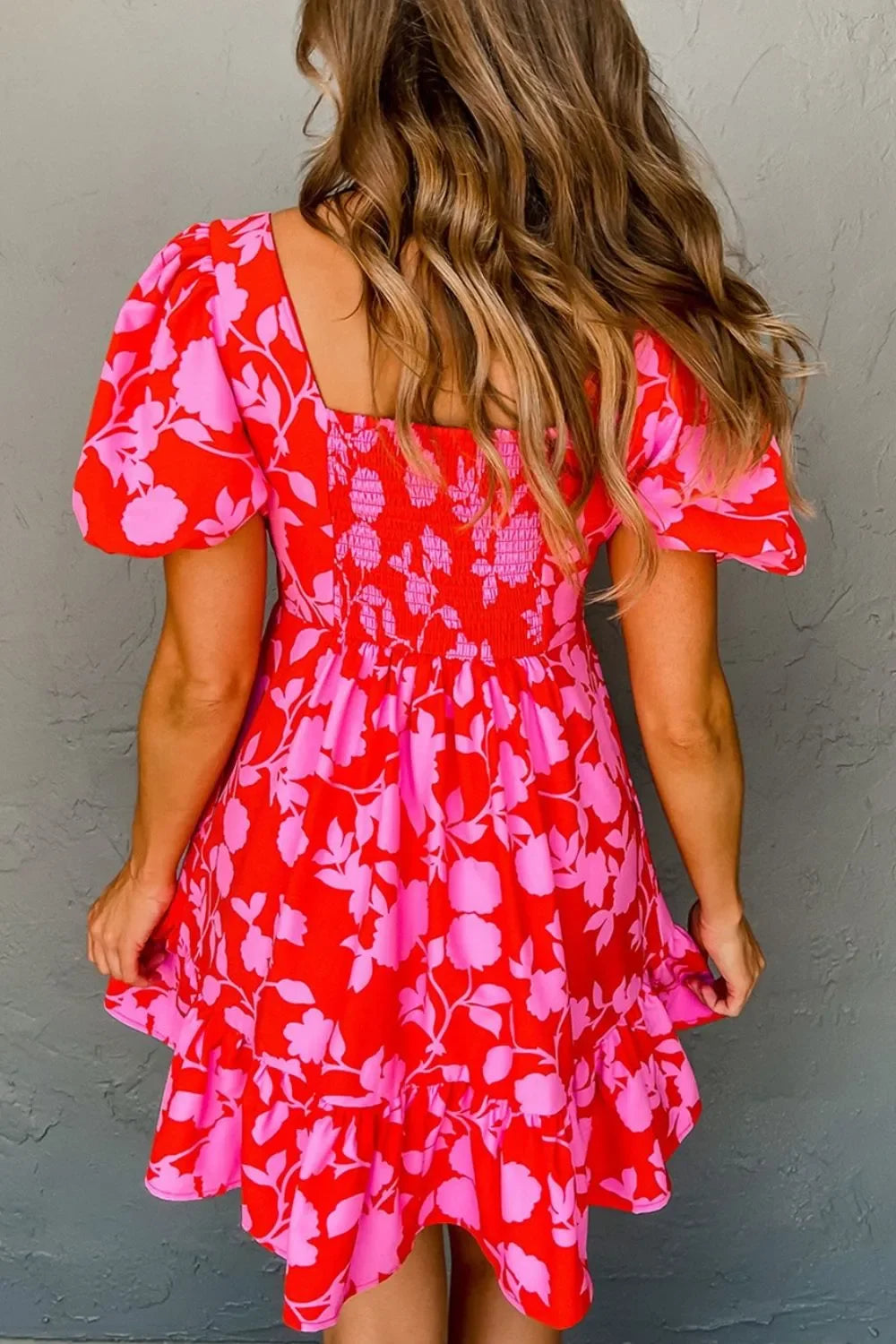 Floral Puff Sleeve Sweetheart Neck Ruffled Mini Dress - Piña Colada
