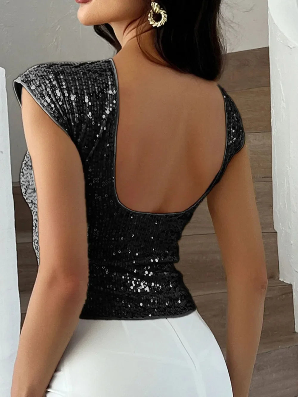 Devine Sequin Round Neck Backless T-Shirt - Piña Colada