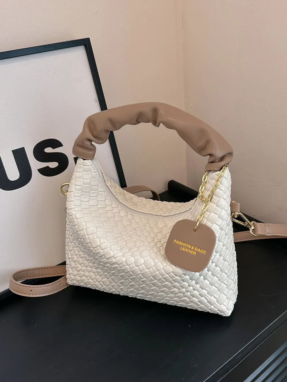 PU Leather Woven Crossbody Bag - Piña Colada