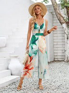 Cutout Printed Wide Strap Jumpsuit - Piña Colada