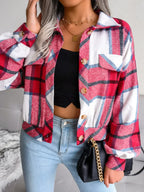 Plaid Collared Neck Long Sleeve Jacket - Piña Colada