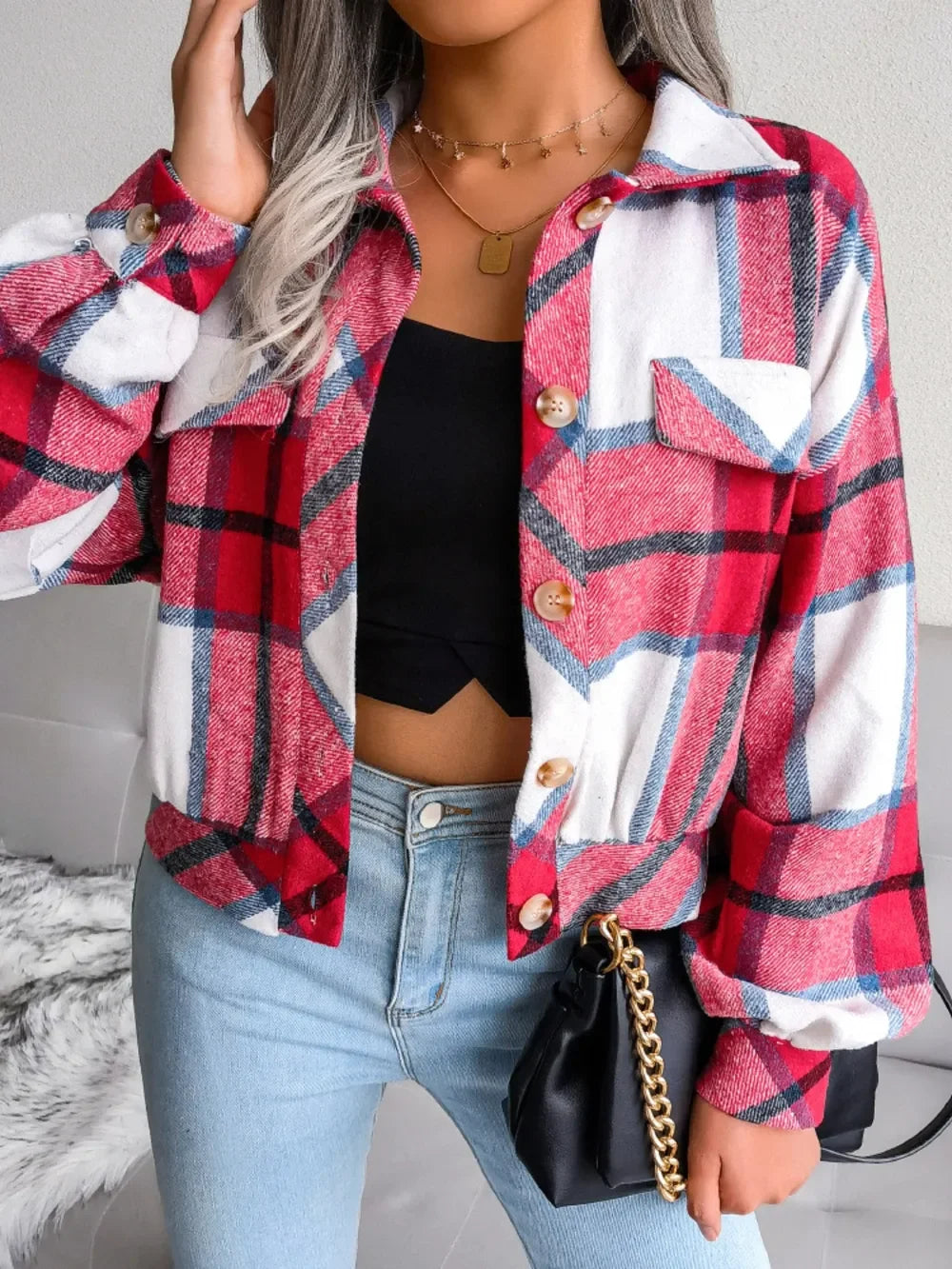 Plaid Collared Neck Long Sleeve Jacket - Piña Colada