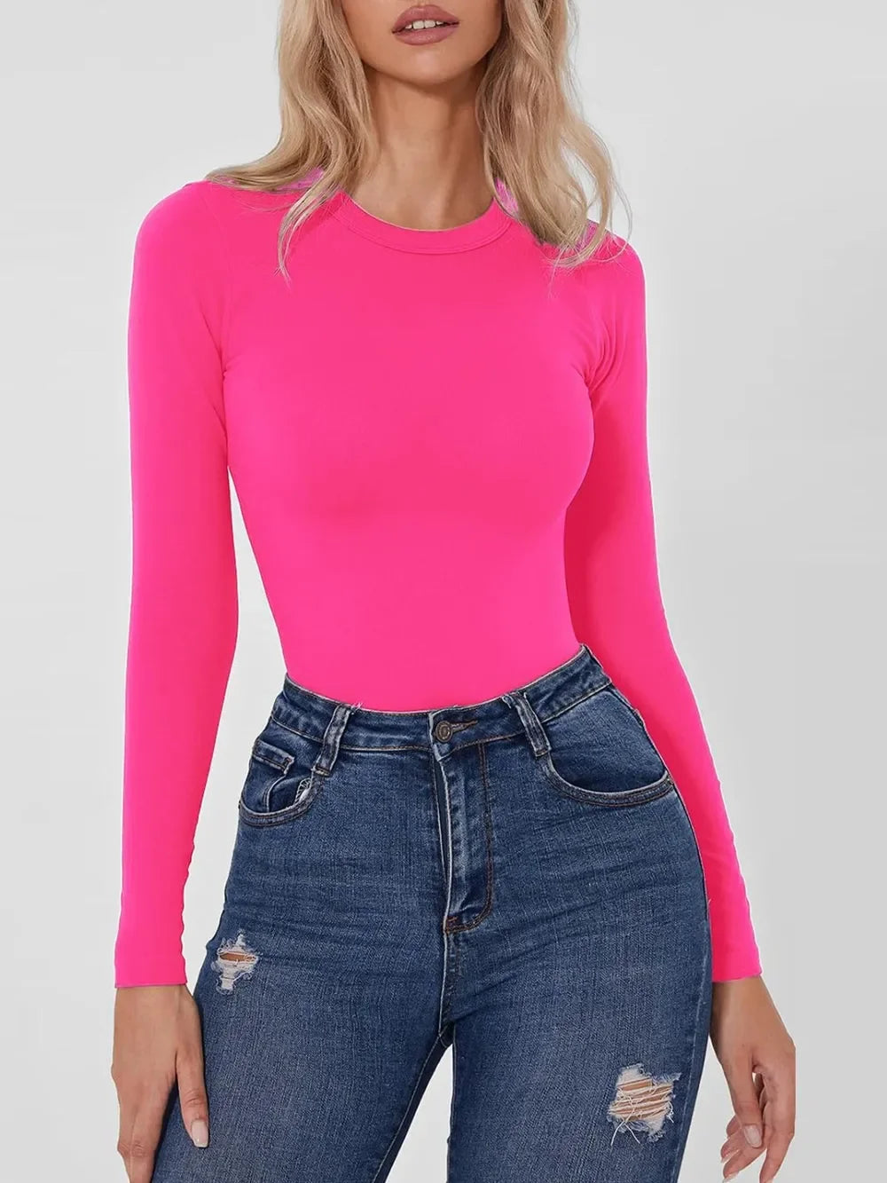 Round Neck Long Sleeve Bodysuit - Piña Colada