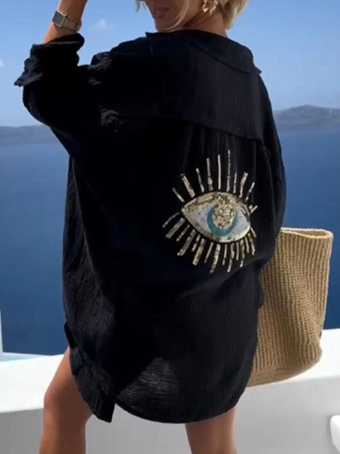 Evil Eye Embroidered Oversized Shirt - Piña Colada