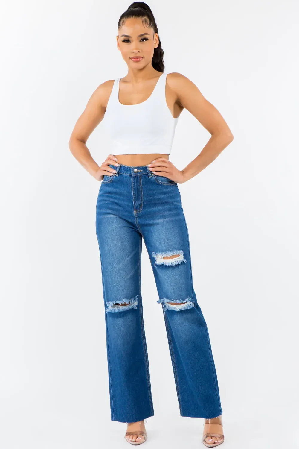 American Bazi High Waist Distressed Wide Leg Jeans - Piña Colada