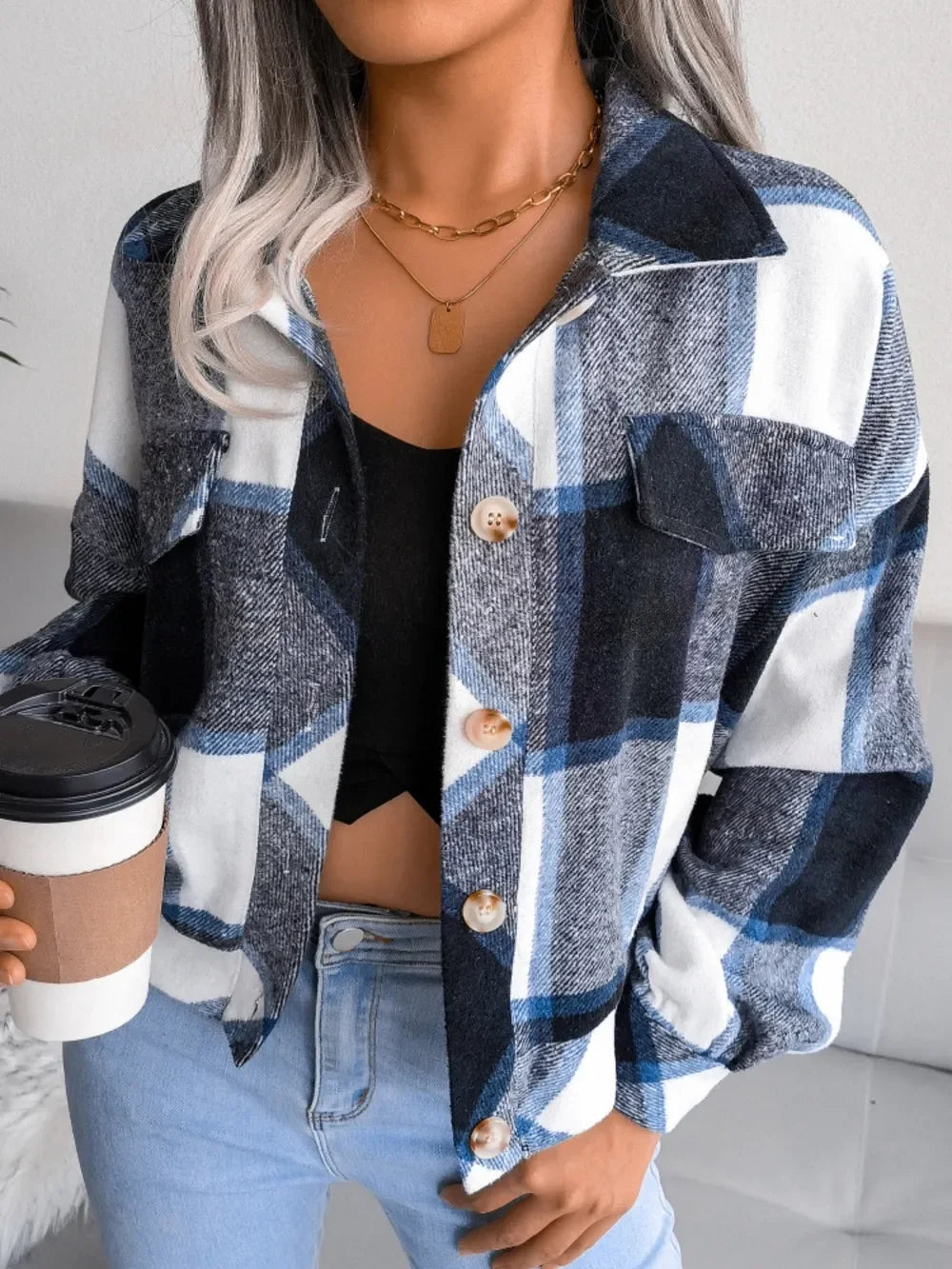 Plaid Collared Neck Long Sleeve Jacket - Piña Colada
