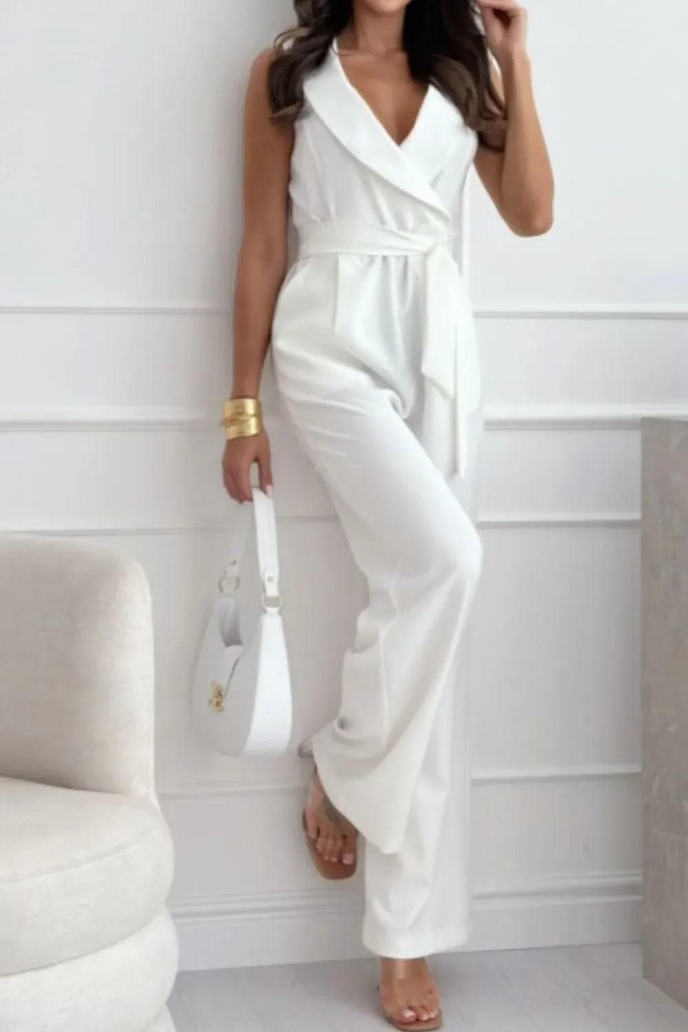 Surplice Sleeveless Wide Leg Jumpsuit - Piña Colada