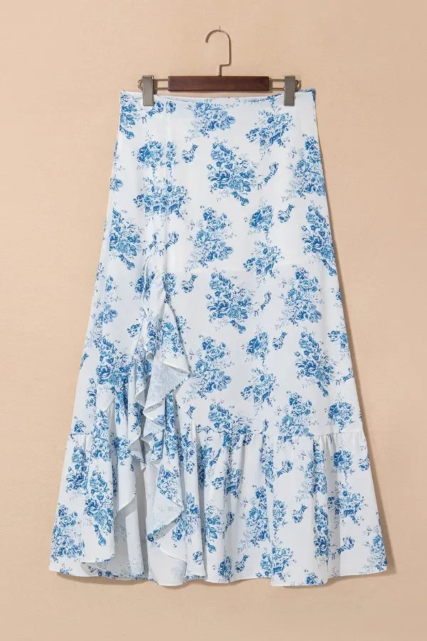 Split Asymmetrical Ruffled Printed Skirt - Piña Colada
