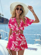 Printed Tie Front Top and Shorts Set - Piña Colada
