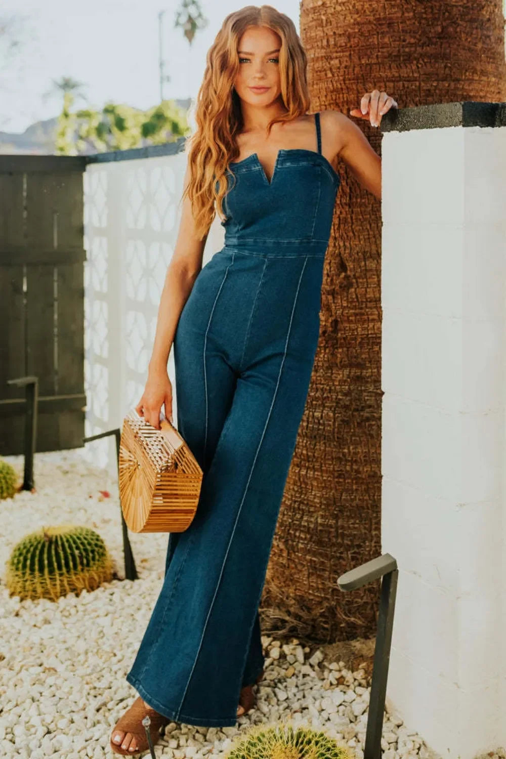 Spaghetti Strap Wide Leg Denim Jumpsuit. - Piña Colada