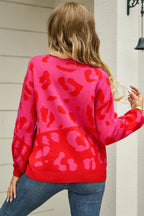 Angel Wings Woven Right Leopard Round Neck Dropped Shoulder Sweater - Piña Colada
