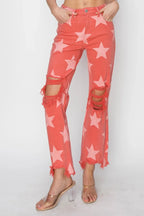 RISEN Full Size Distressed Raw Hem Star Pattern Jeans - Piña Colada