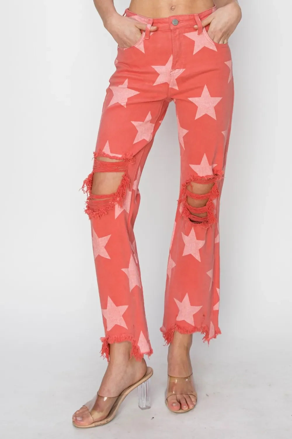 RISEN Full Size Distressed Raw Hem Star Pattern Jeans - Piña Colada