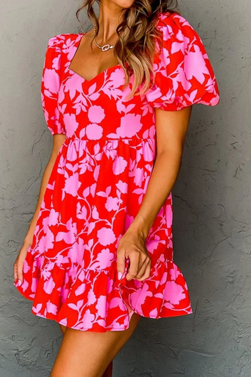 Floral Puff Sleeve Sweetheart Neck Ruffled Mini Dress - Piña Colada