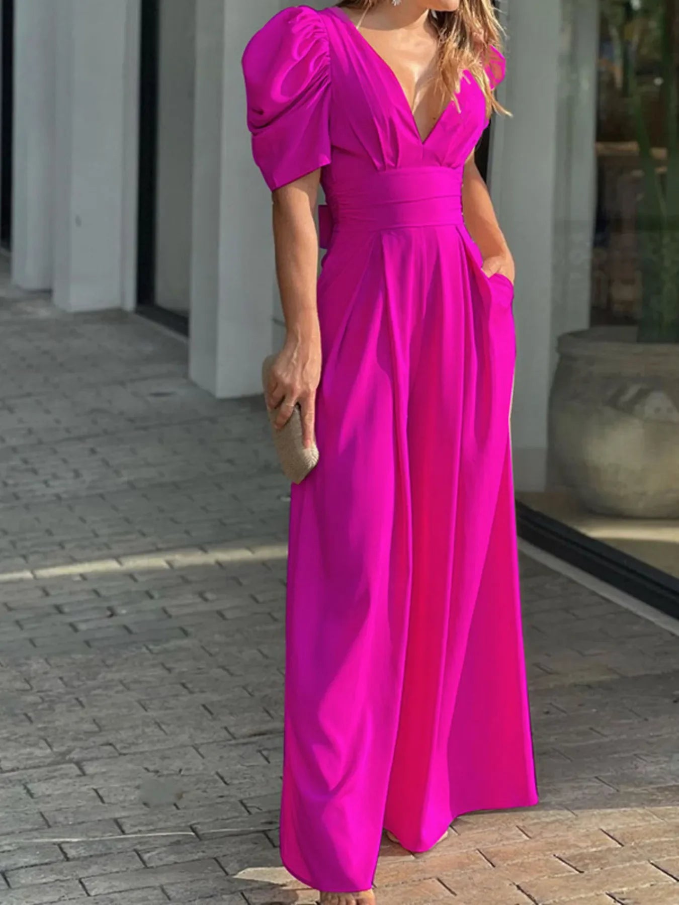 Full Size Cutout V-Neck Puff Sleeve Jumpsuit Plus Size - Piña Colada
