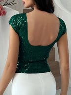 Devine Sequin Round Neck Backless T-Shirt - Piña Colada