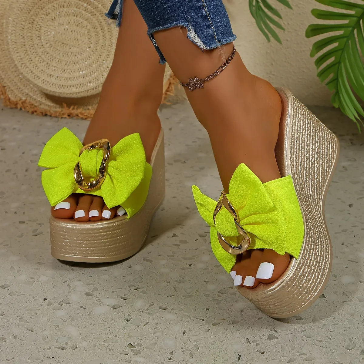 Bow Open Toe Platform Sandals - Piña Colada