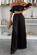 Off-Shoulder Top and Pleated Pants Set - Piña Colada