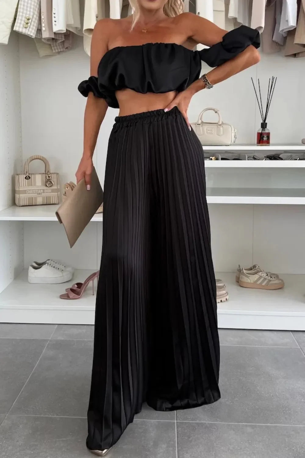 Off-Shoulder Top and Pleated Pants Set - Piña Colada