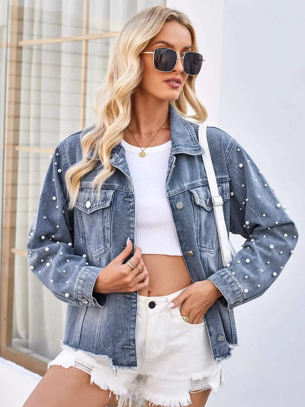 Pearl Trim Raw Hem Denim Jacket - Piña Colada
