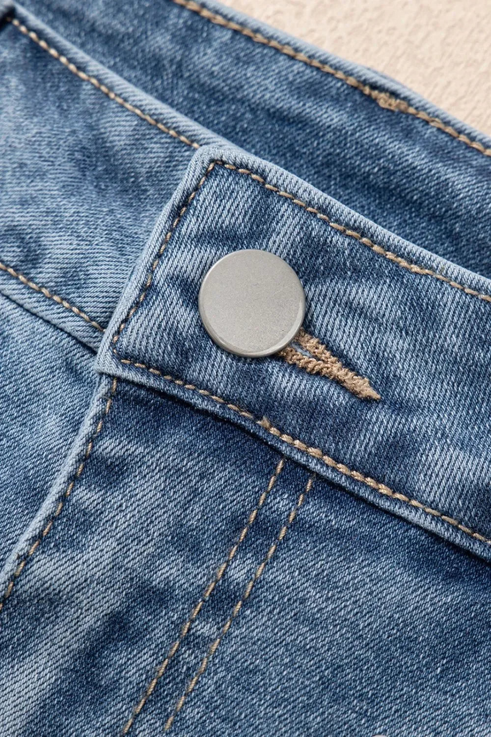 Pearl Beaded Raw Hem Wash Denim Shorts - Piña Colada