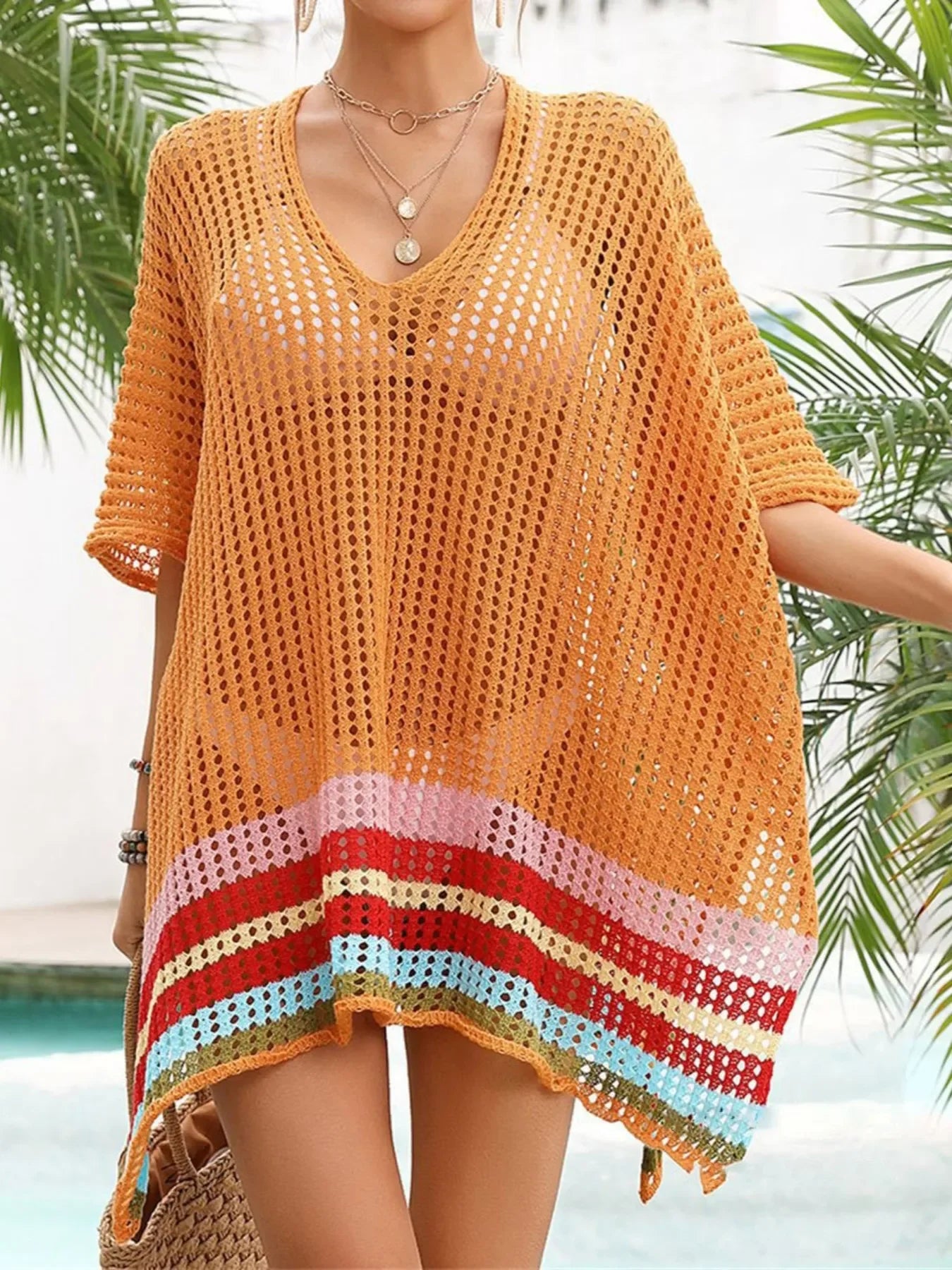 Crochet V-Neck Cover-Up Dress - Piña Colada