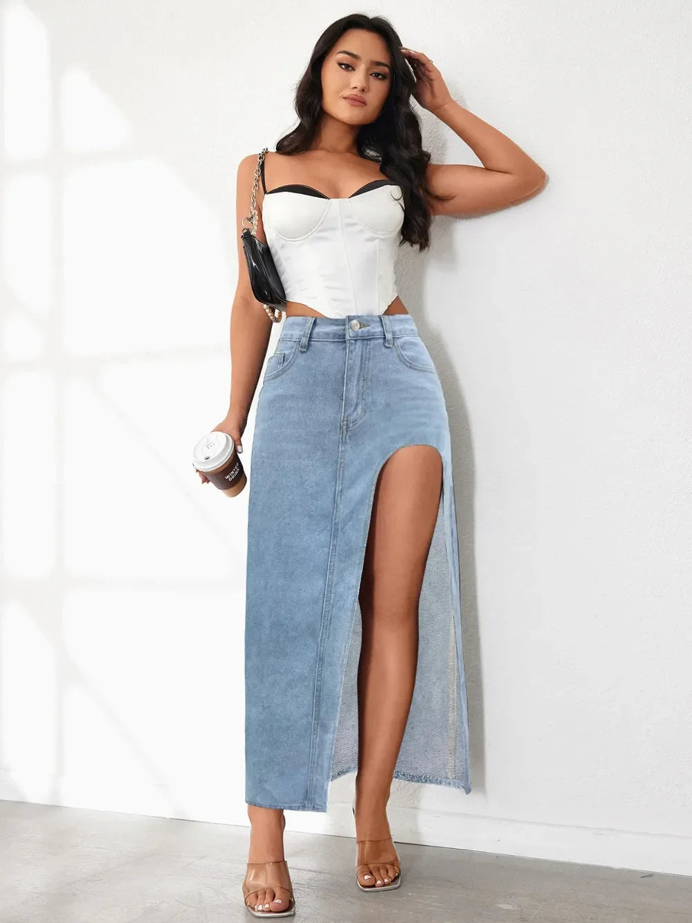 High Rise Slit Denim Skirt - Piña Colada