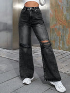 Distressed Wide Leg Jeans with Pockets - Piña Colada