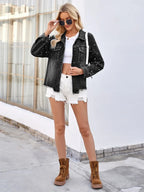Pearl Trim Raw Hem Denim Jacket - Piña Colada