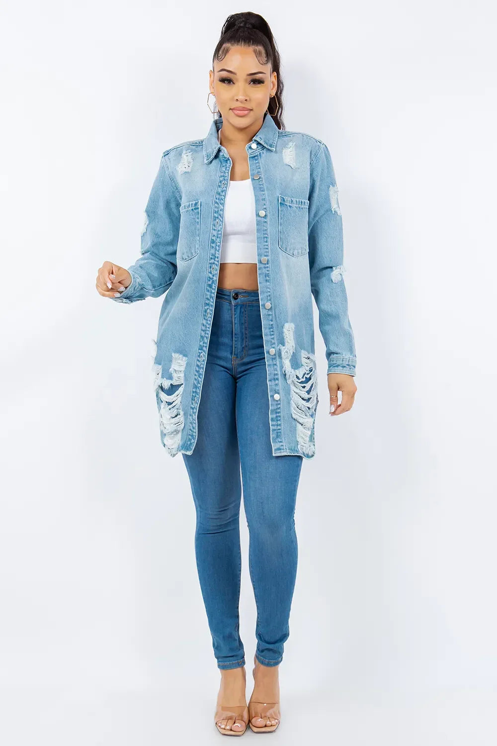 American Bazi Distressed Button Up Long Sleeve Denim Jacket - Piña Colada