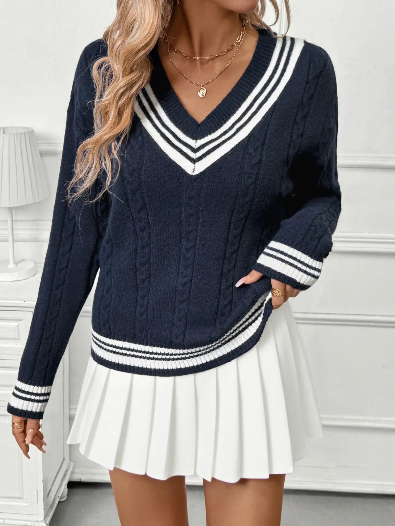 Contrast Striped V-Neck Sweater - Piña Colada