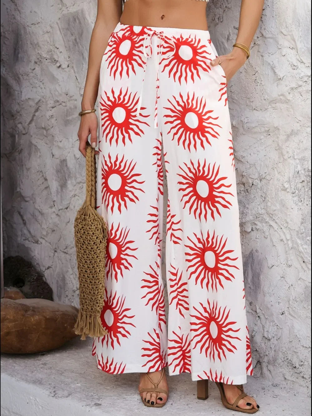 Devine Drawstring Printed Wide Leg Pants - Piña Colada