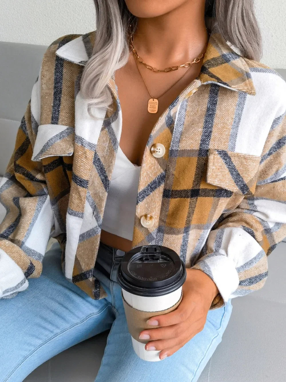 Plaid Collared Neck Long Sleeve Jacket - Piña Colada