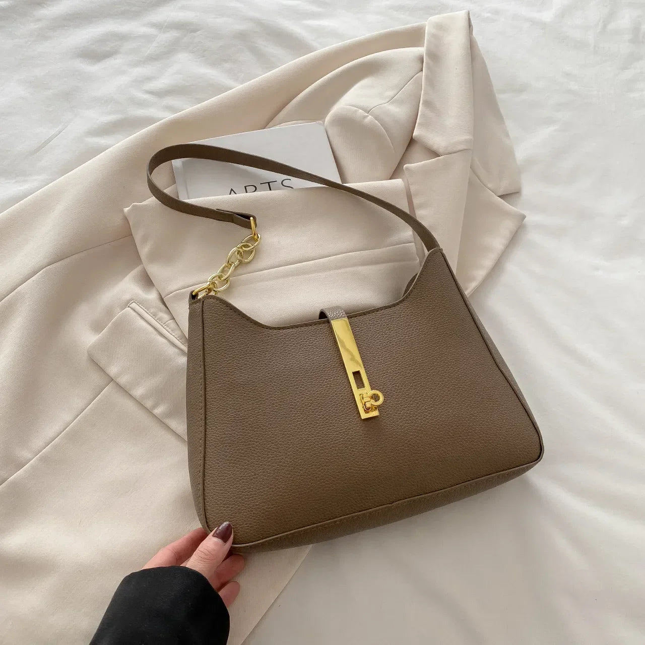 Leather Shoulder Bag with Gold Accent - Piña Colada