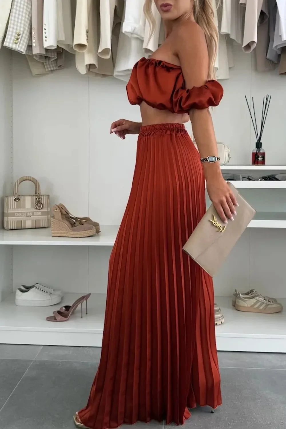 Off-Shoulder Top and Pleated Pants Set - Piña Colada