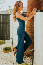 Spaghetti Strap Wide Leg Denim Jumpsuit. - Piña Colada