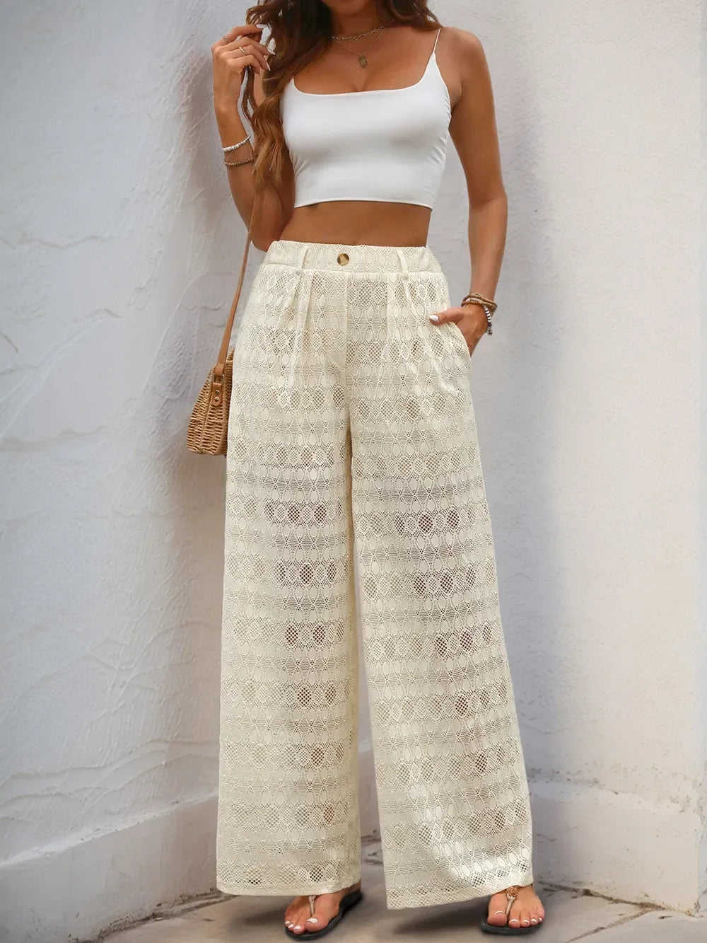 Decorative Button Wide Leg Pants - Piña Colada