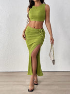 Perfee Texture Cropped Tank and Ruched Skirt Set - Piña Colada