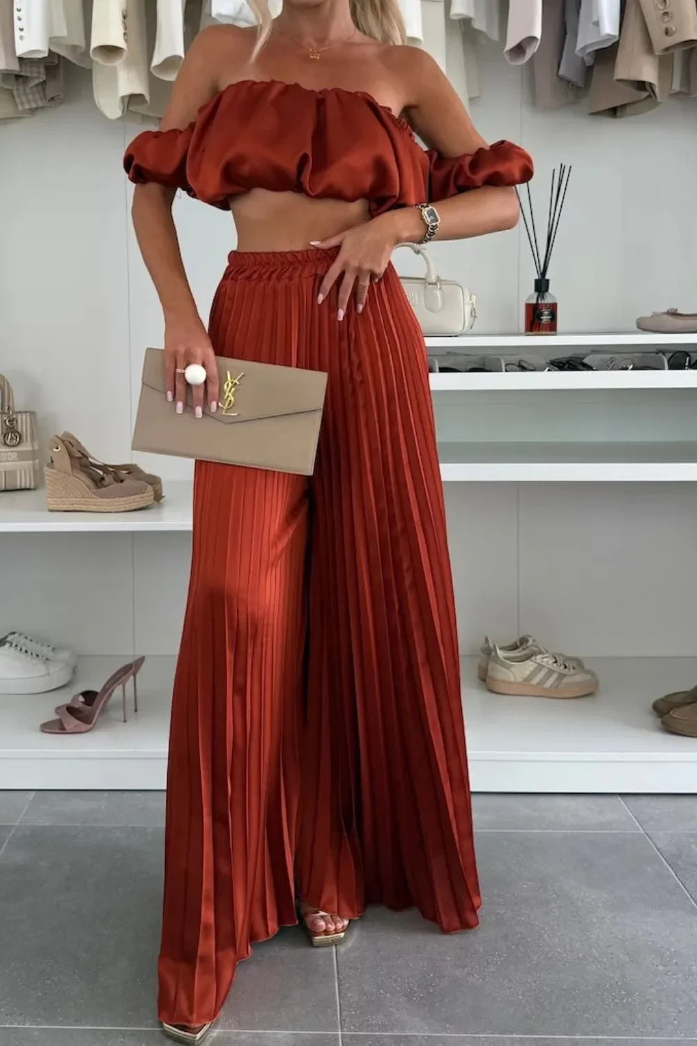 Off-Shoulder Top and Pleated Pants Set - Piña Colada