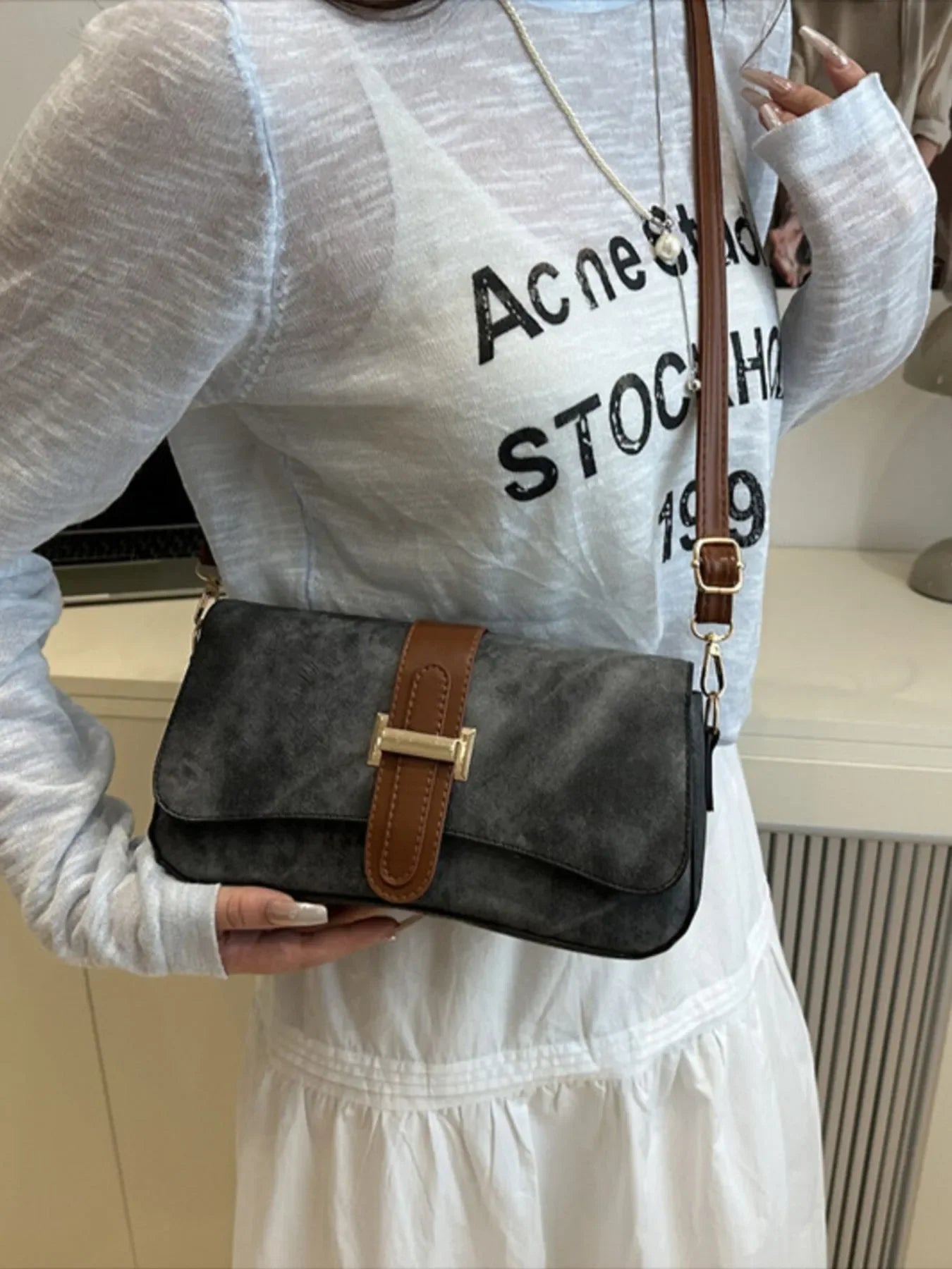 Leather Buckle Strap Crossbody Bag - Piña Colada