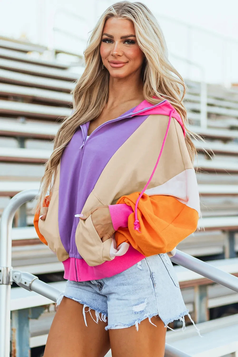 Drawstring Color Block Zip Up Long Sleeve Hoodie - Piña Colada
