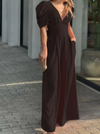 Full Size Cutout V-Neck Puff Sleeve Jumpsuit Plus Size - Piña Colada