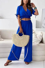 Surplice Short Sleeve Top and Pants Set - Piña Colada