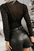 Rhinestone Trim Mock Neck Long Sleeve Bodysuit - Piña Colada