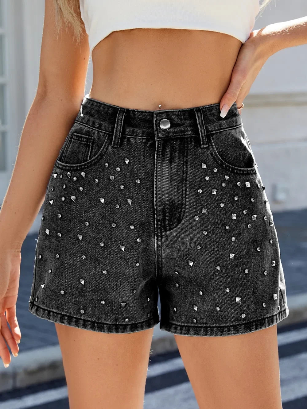 Rhinestone Washed High Waist Denim Shorts - Piña Colada
