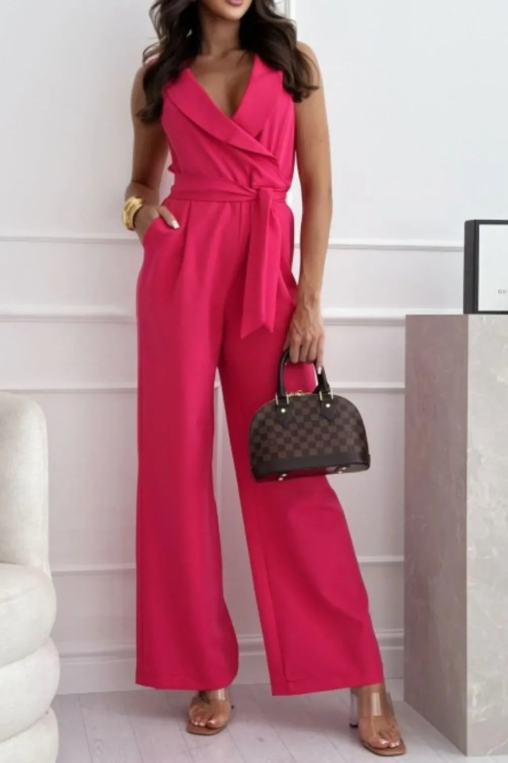 Surplice Sleeveless Wide Leg Jumpsuit - Piña Colada
