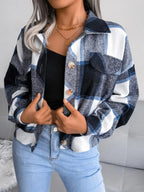 Plaid Collared Neck Long Sleeve Jacket - Piña Colada