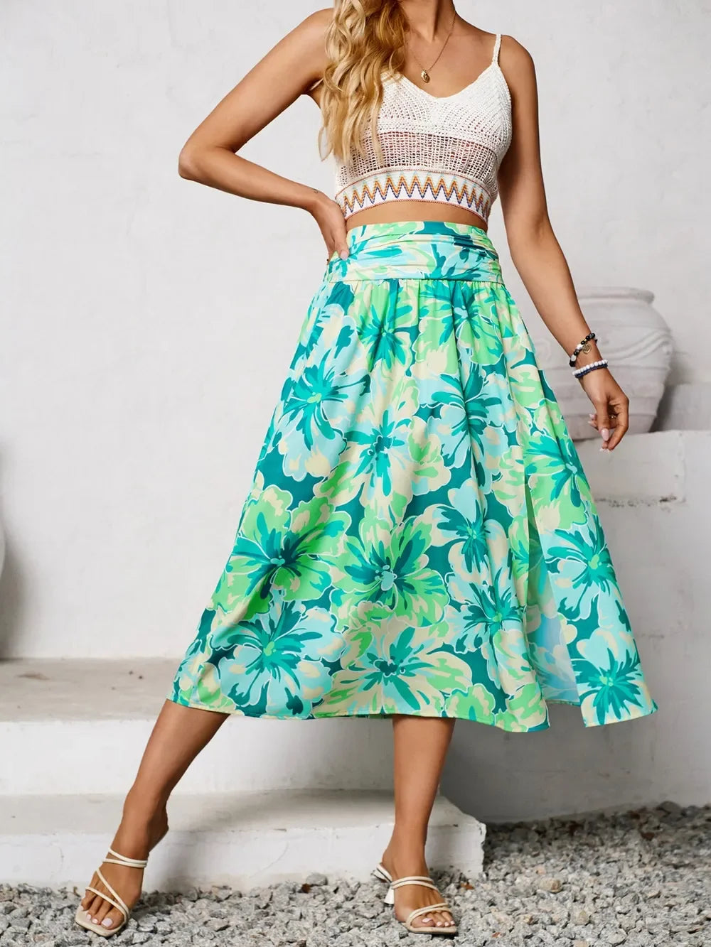 Slit Printed Midi Skirt - Piña Colada
