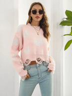 Distressed Butterfly Cropped Sweater - Piña Colada