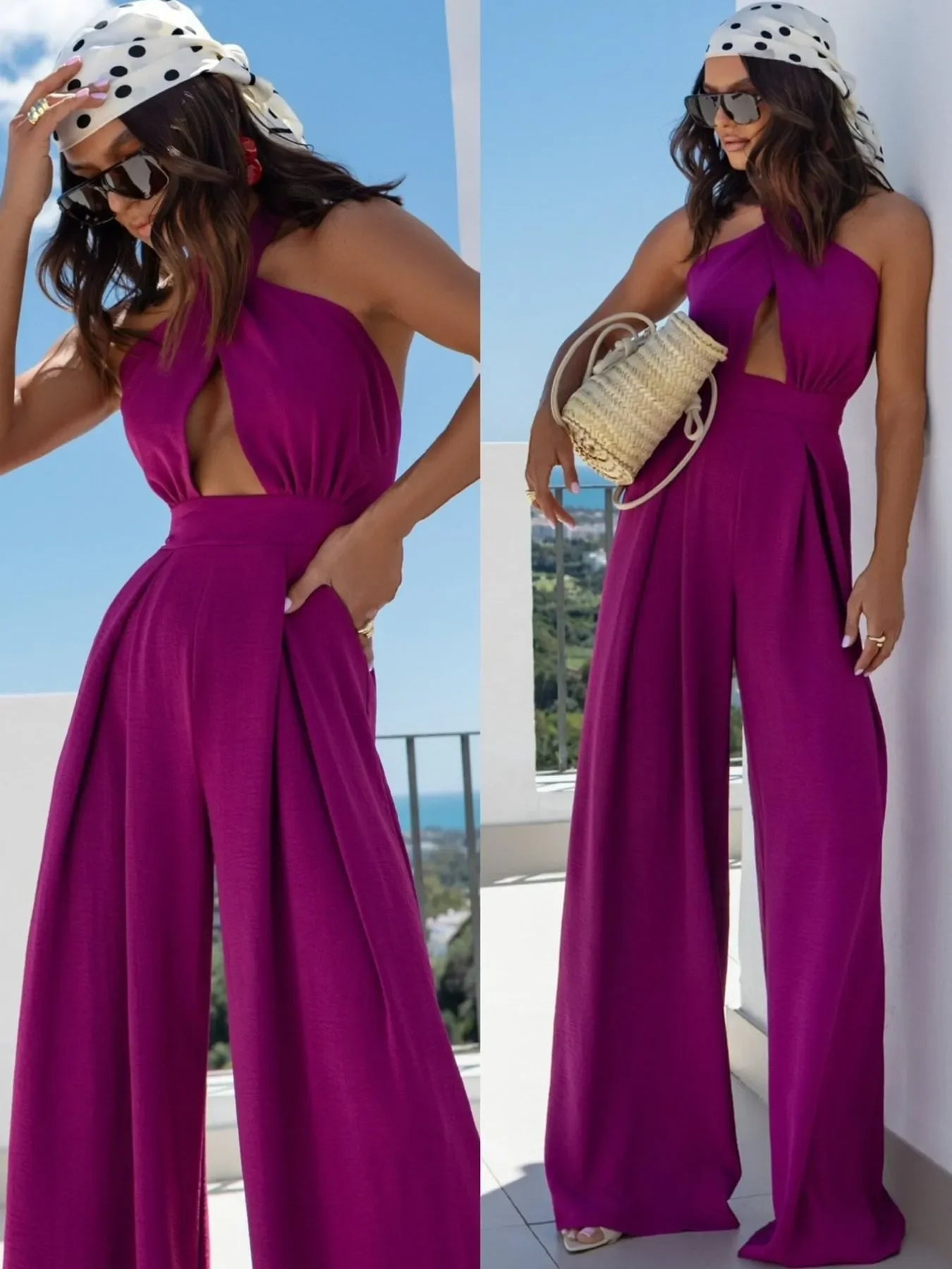 Wide Leg Cutout Halter Neck Jumpsuit - Piña Colada